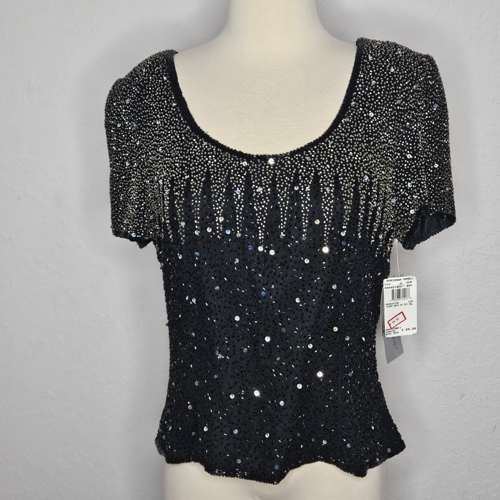 Vintage  Papell Boutique Evening Silk Beaded Sequin‎ Top L XL Black Silver NWT